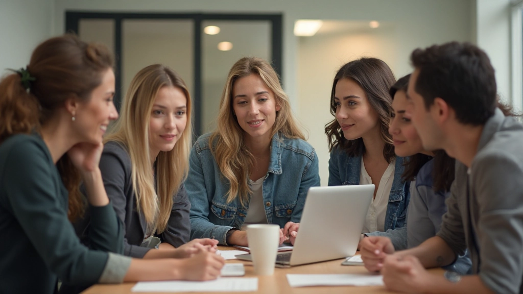 Группа людей обсуждает в социальной сети с иконками лайков и комментариев