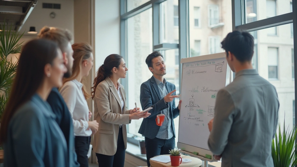 Творческая рабочая сессия команды маркетологов, обсуждающих контент-стратегию на белой доске