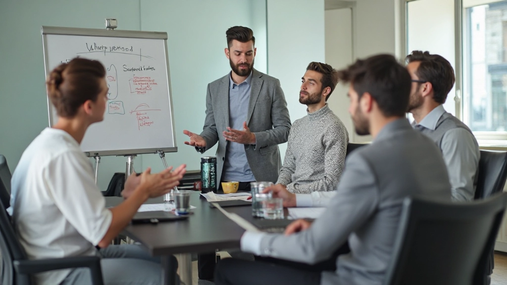 Творческая рабочая сессия команды маркетологов, обсуждающих контент-стратегию на белой доске