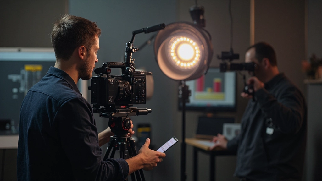 Видеограф работает с камерой и осветительным оборудованием в студии