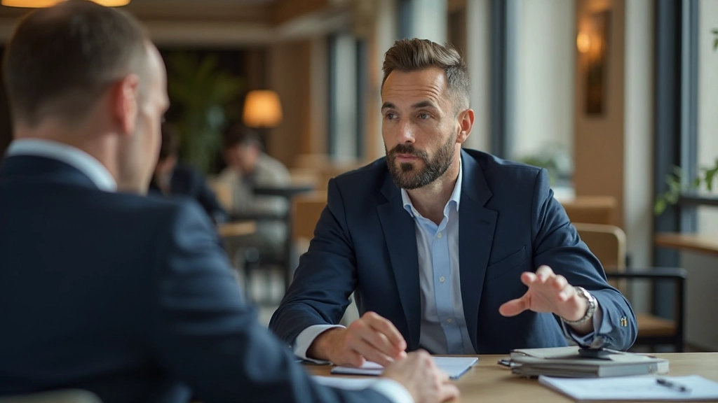 Профессиональное фото консультанта, обсуждающего стратегию взаимодействия с клиентом на встрече